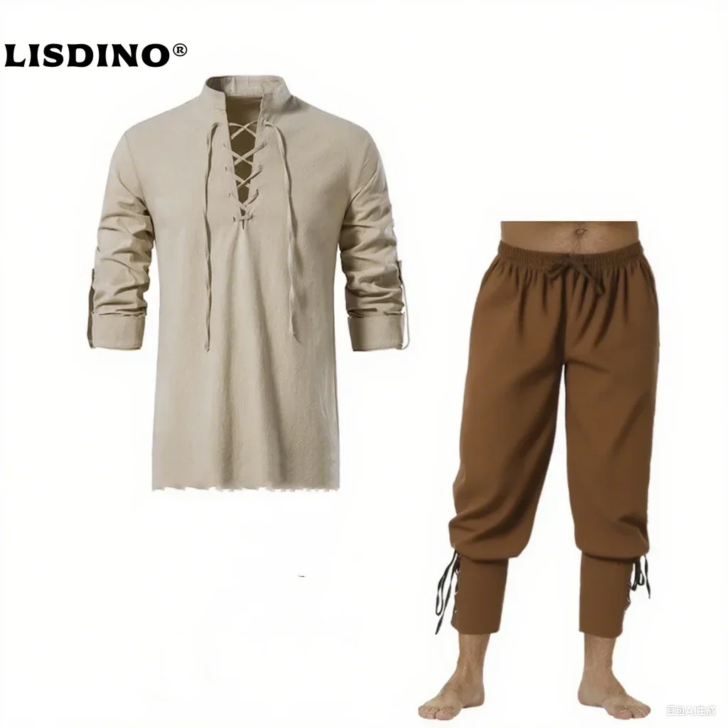 2Pcs Retro Vintage Medieval Renaissance Cosplay Costume Outfits Pirate Viking  Halloween Casual Daily LARP Ren Faire Shirt Pants