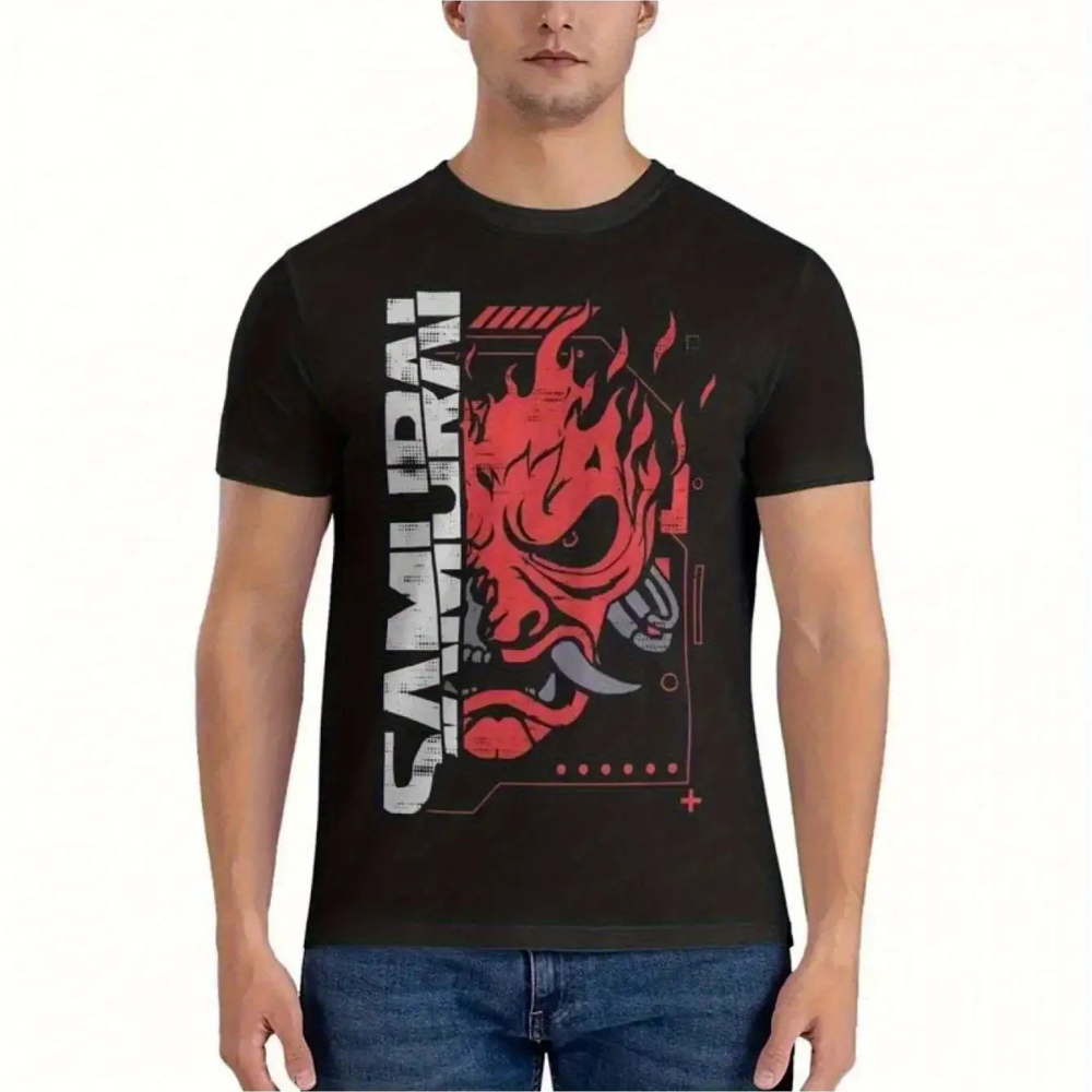 Heren Vintage Japanse Gaming 2077 Cyber Samurai T-shirt Zwart Katoen Ronde Hals T-shirt met Retro-Futuristische Punk Art in Rood