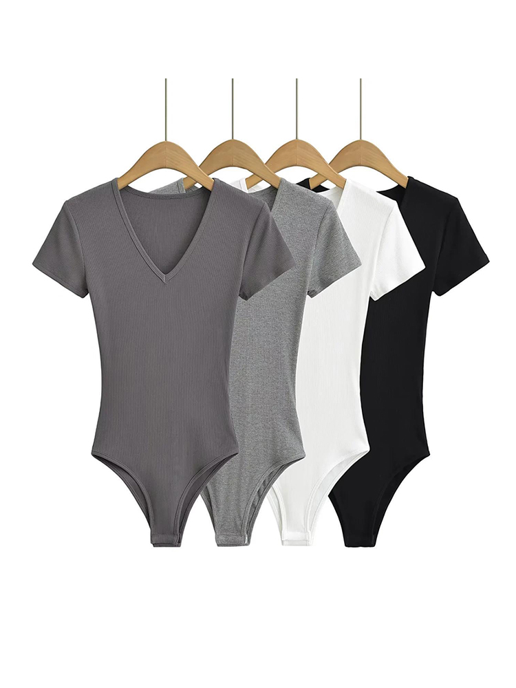 Sommer Kurzarm V-Ausschnitt Rippe gestrickt Bodys Frauen elastisch schlank schwarz weiß Top Overalls