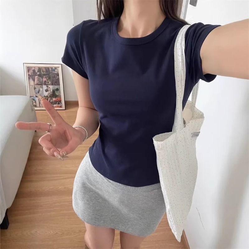 Camiseta Slim Fit de Gola Redonda e Manga Curta, Cor Pura, Cintura Ajustada, Estilo Coreano, Top de Verão, Estilo Casual, Com...