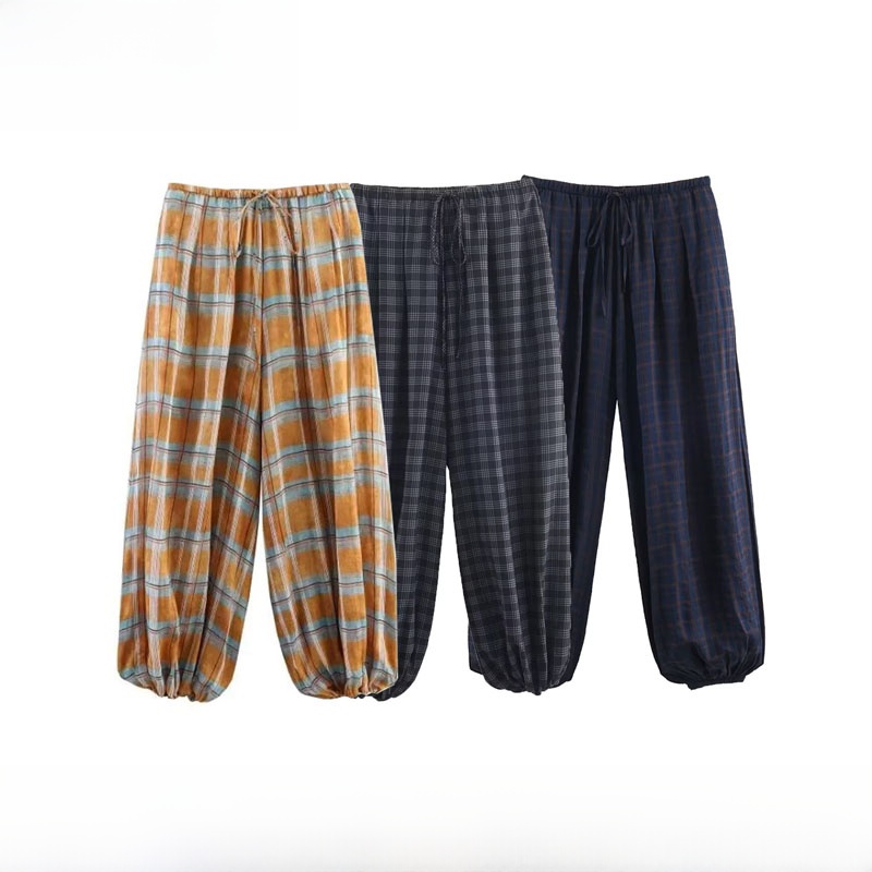 Faionable Casual Plaid Puffy Pants Women's Autumn Winter New Arrival High Waist Polyester Fiber Skin-friendly Breathable