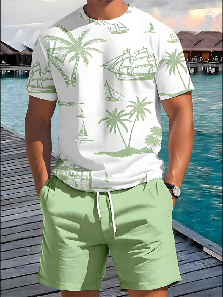 Conjunto de pantalones cortos de manga corta para hombre, camiseta informal de verano de 2 piezas con estampado hawaiano, pantalones cortos de playa para deportes al aire libre