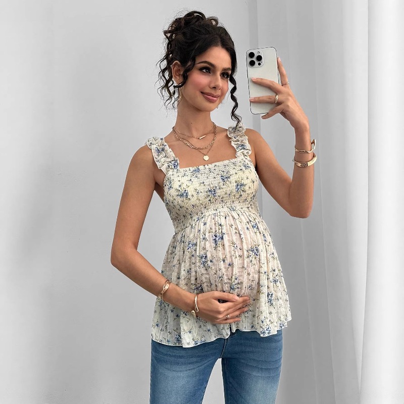 Roupas de Maternidade Primavera e Verão, Novo Top de Maternidade com Estampa e Alças, Camiseta de Maternidade com Decote Quadrado