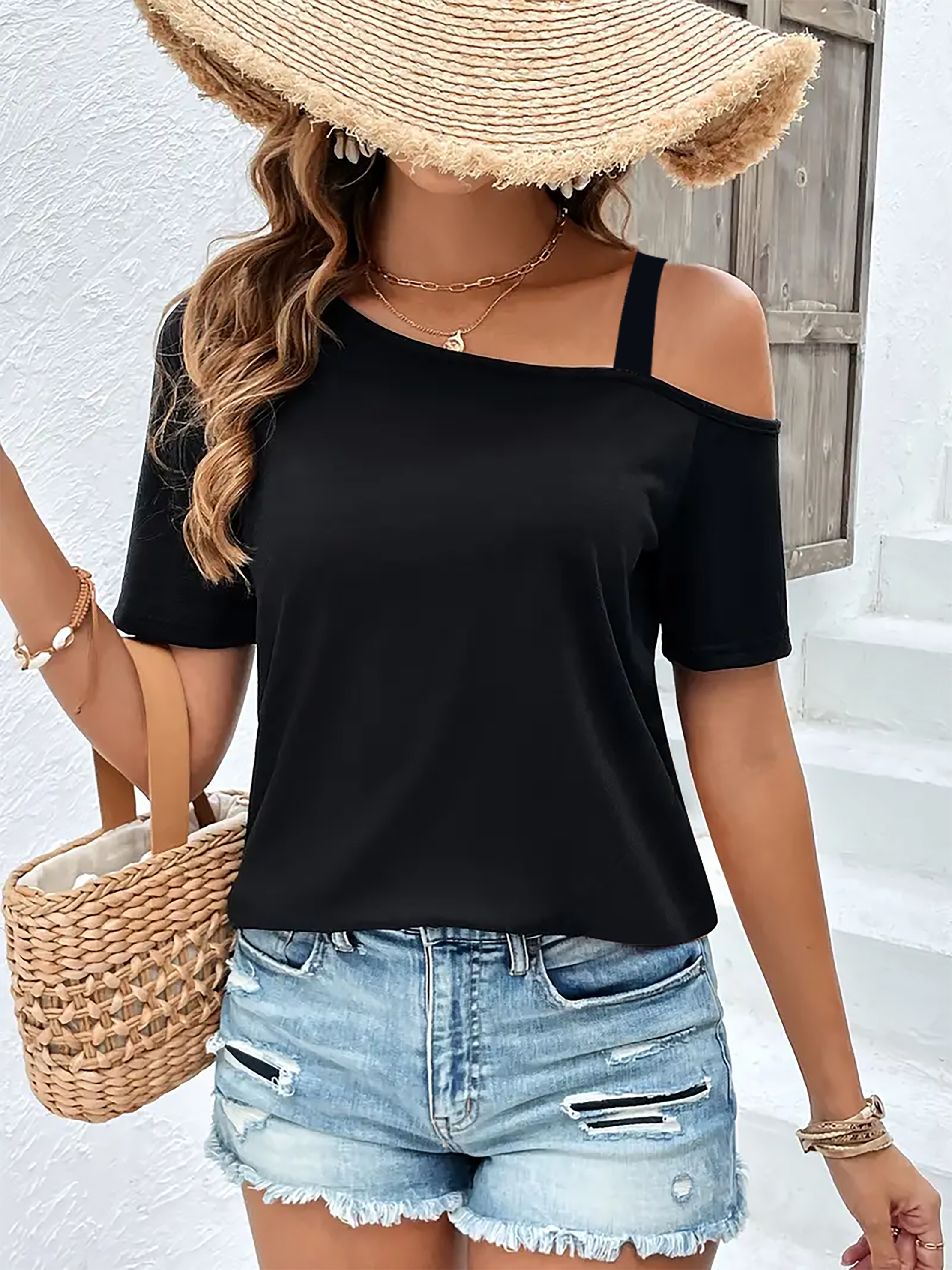 Xuanshow 2024 Mode Damen T-Shirt solide kalte Schulter T-Shirt lässig Kurzarm Top für Frühling & Sommer Damen bekleidung