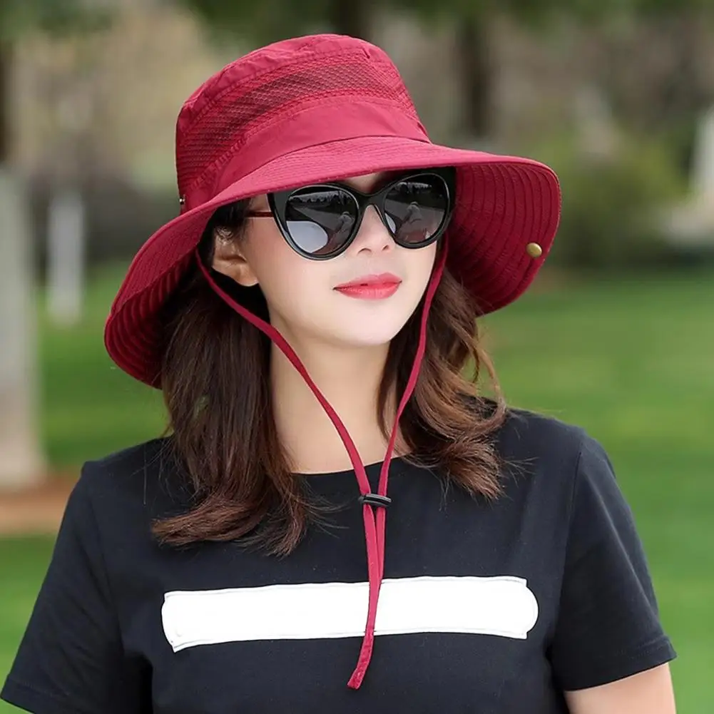 Polyester Bucket Hat Two-button Bucket Hat Summer Bucket Hat with Wide Brim Breathable Mesh Sun Protection Cap Outdoor for Men