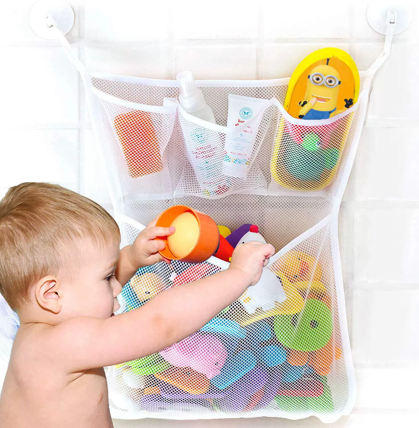 Brinquedos de banho de chuveiro branco rosa bebê crianças brinquedo malha de armazenamento com ventosas fortes saco de brinquedo net organizador do banheiro para crianças