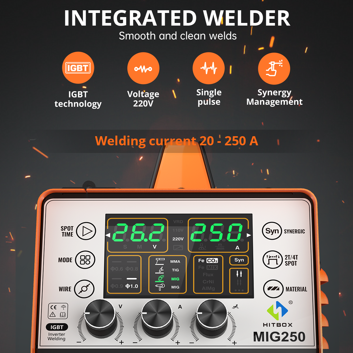 Spawarka HITBOX MIG250II MMA Lift TIG Gazowa/Bezgazowa MIG Spawarka do Aluminium 5 w 1 Cyfrowy Wyświetlacz Obsługa Impulsów Pistolet do Cięcia Drutu