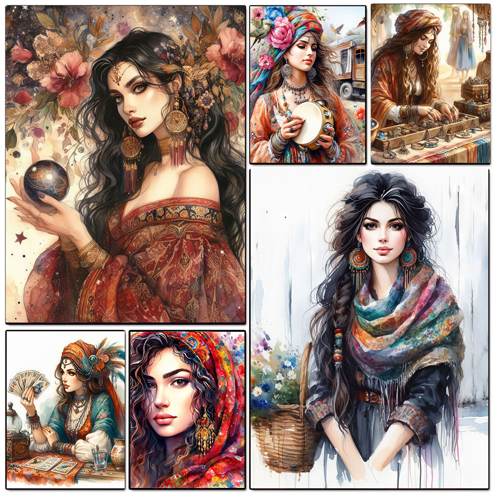 Mulher cigana cheia de diamante bordado diy pintura diamante retrato arte kits ponto cruz mosaico parede decoração casa presente