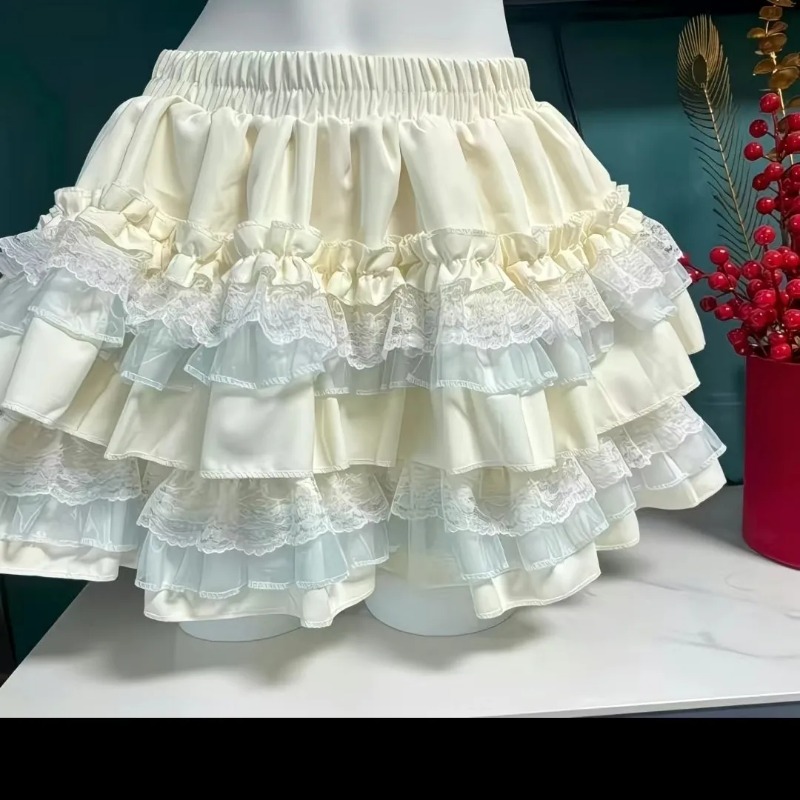 Kawaii Sweet Lolita Юбки Y2k Одежда Женская французская кружевная лоскутная пышная короткая юбка с высокой талией Юбка трапециевидной формы Готическая новинка