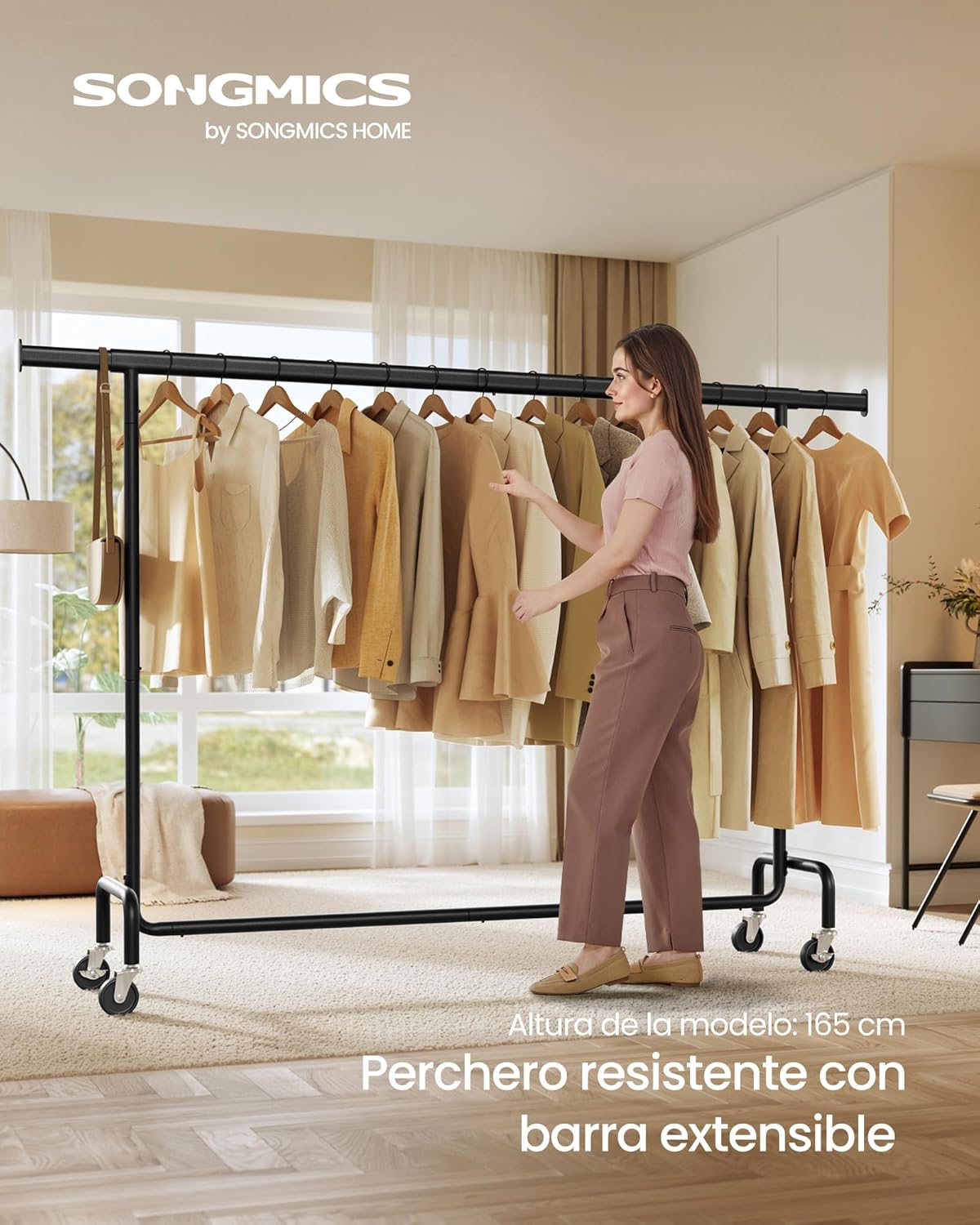 Burro Ropa con Ruedas, Perchero Burro Extensible con Carga Pesada, Capacidad de Carga de 110 kg,Plata/Negro Mate