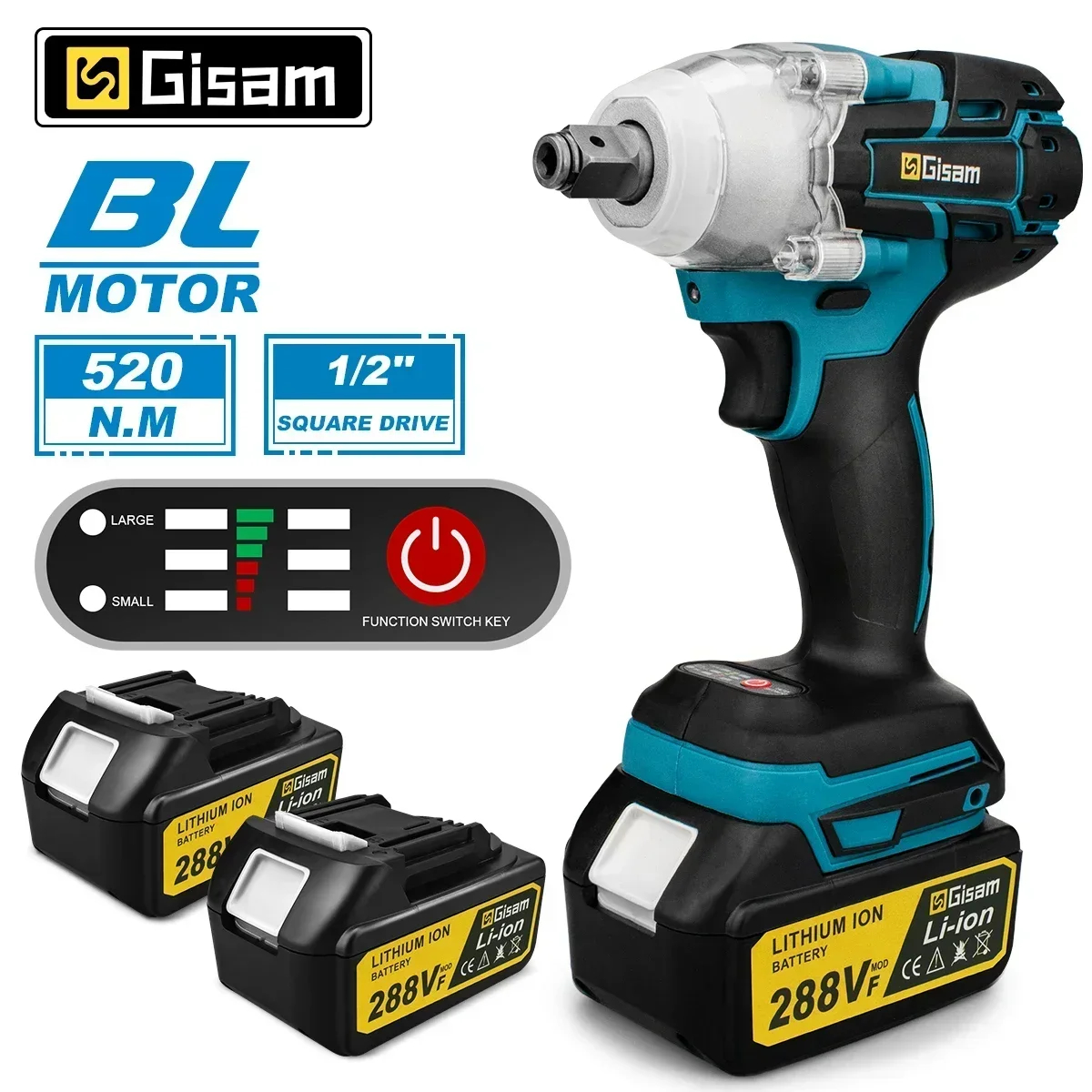 Gami-llave de impacto eléctrica sin escobillas 520n.M, batería de litio de 1/2 pulgadas para herramientas eléctricas de reparación automotriz para pines de batería makita de 18v