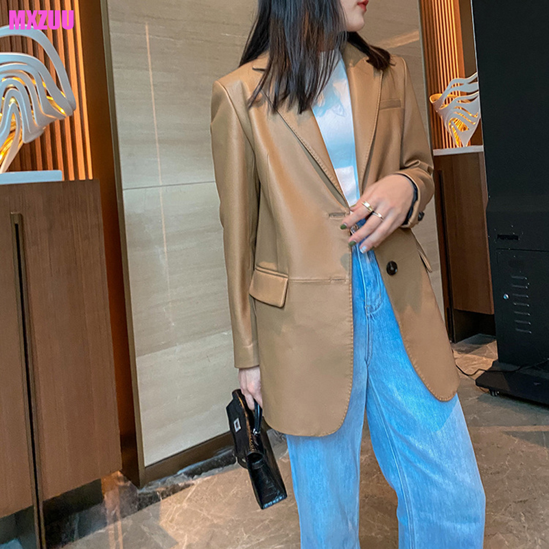 女性のための本革のブレザー,ユニークなブレストの服,黒,ミドル丈,シープスキンの衣類