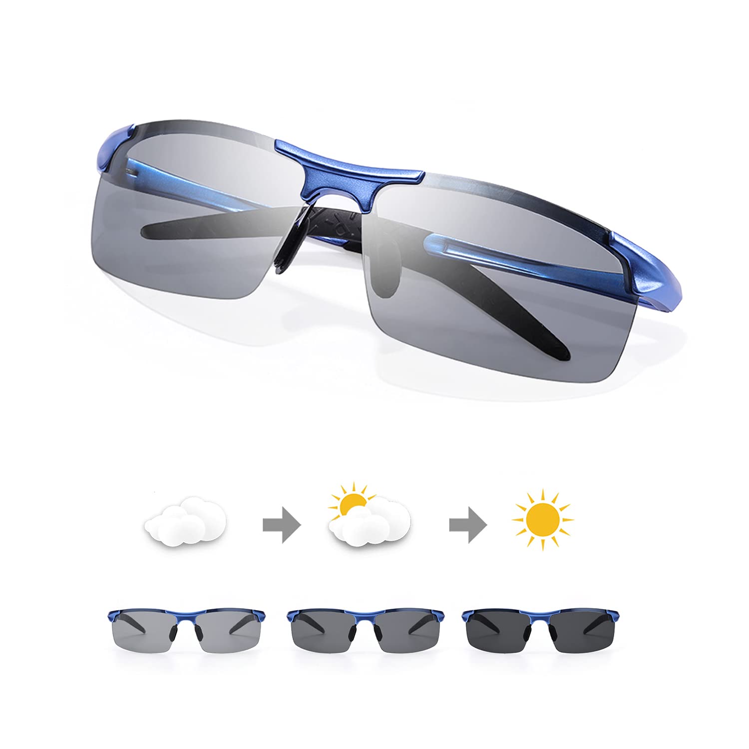 Occhiali da Sole Fotocromatici Polarizzati da Uomo per la Guida, Montatura Semi-Rimless Avvolgente in Metallo con Protezione UV400
