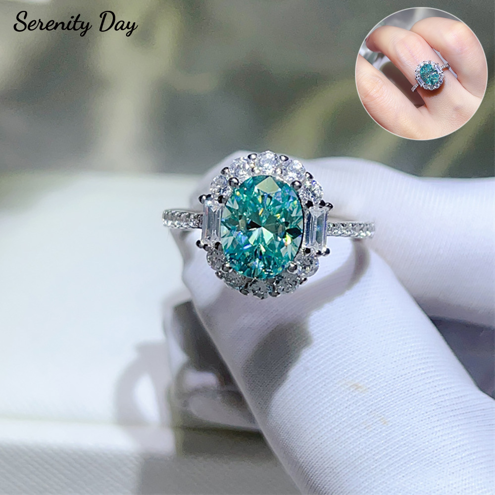Serenity 1ct 2ct Paraiba vert Moissanite anneaux pour femmes 100% S925 bandes en argent Sterling plaqué 18K diamant anneaux bijoux fins