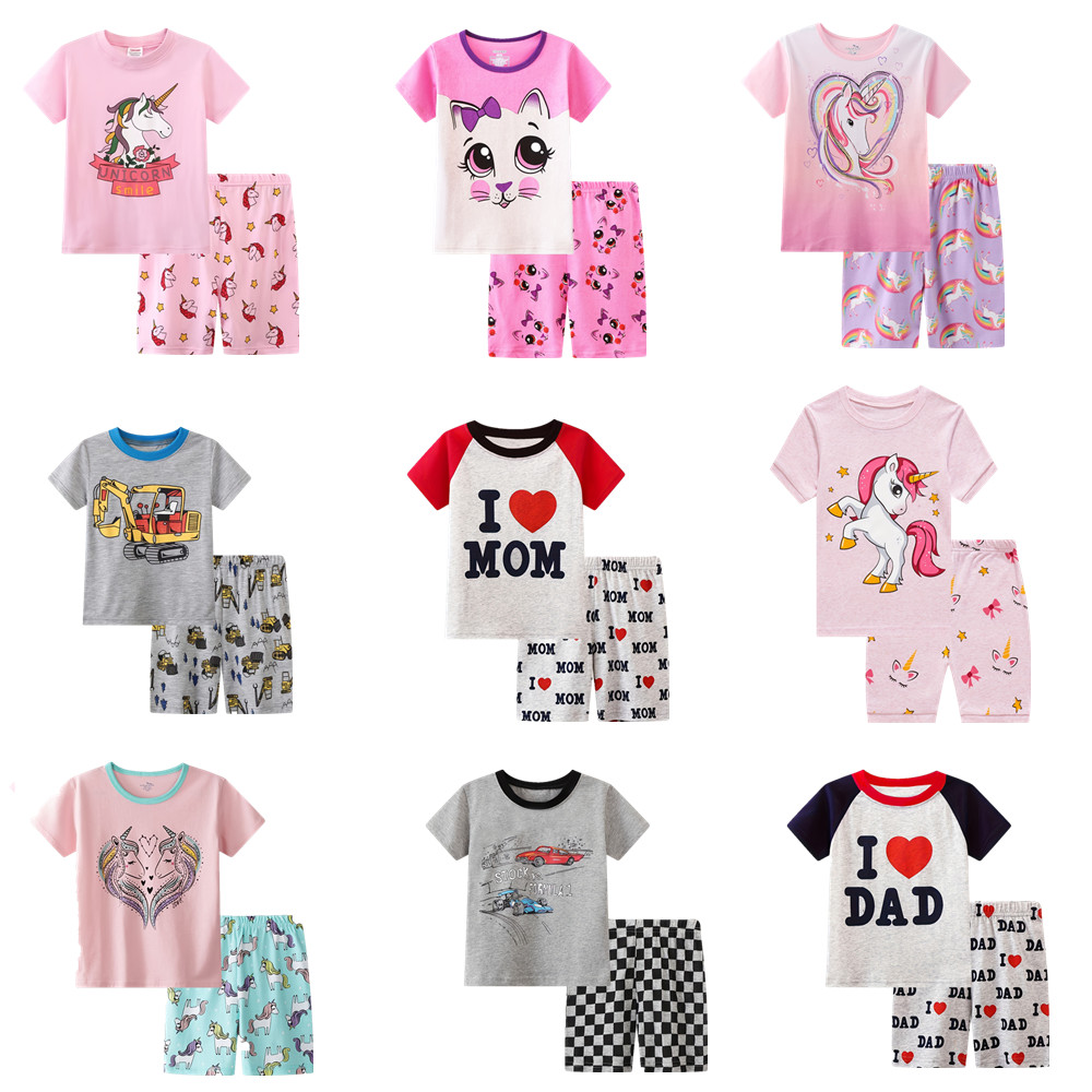 Desenhos animados unicórnio gráfico algodão pijama outfit, gola redonda t-shirt, top e cintura elástica shorts, pijamas para criança meninas, 2pcs