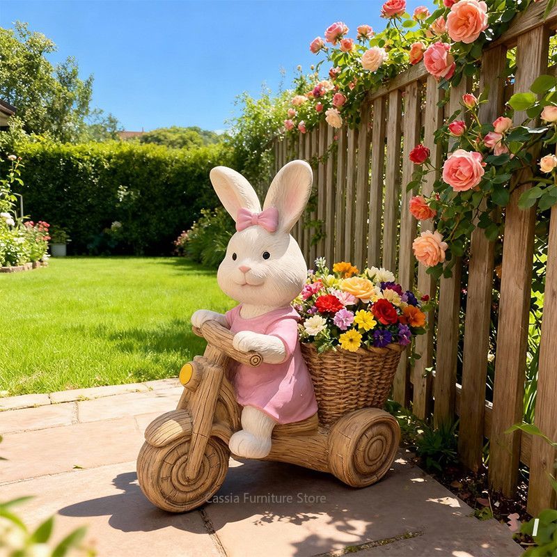 Maceta con Forma de Conejo Ciclista para Jardín, Macetero Decorativo con Escultura de Animal para Balcón, Adorno de Resina para Patio