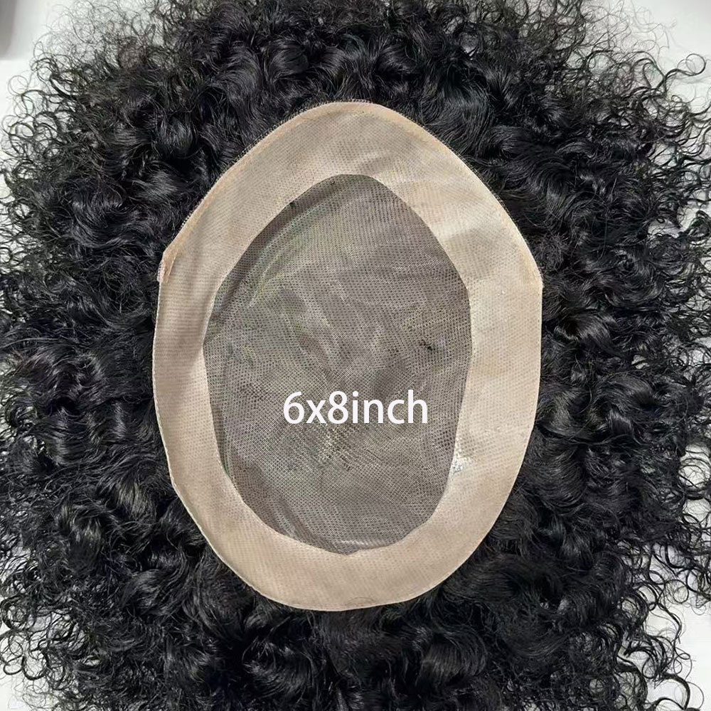 Tupé de Encaje Mono Rizado para Hombre, 6x8 Pulgadas, Color 1B, Sistema de Reemplazo de Cabello de PU Súper Duradero para Hombres