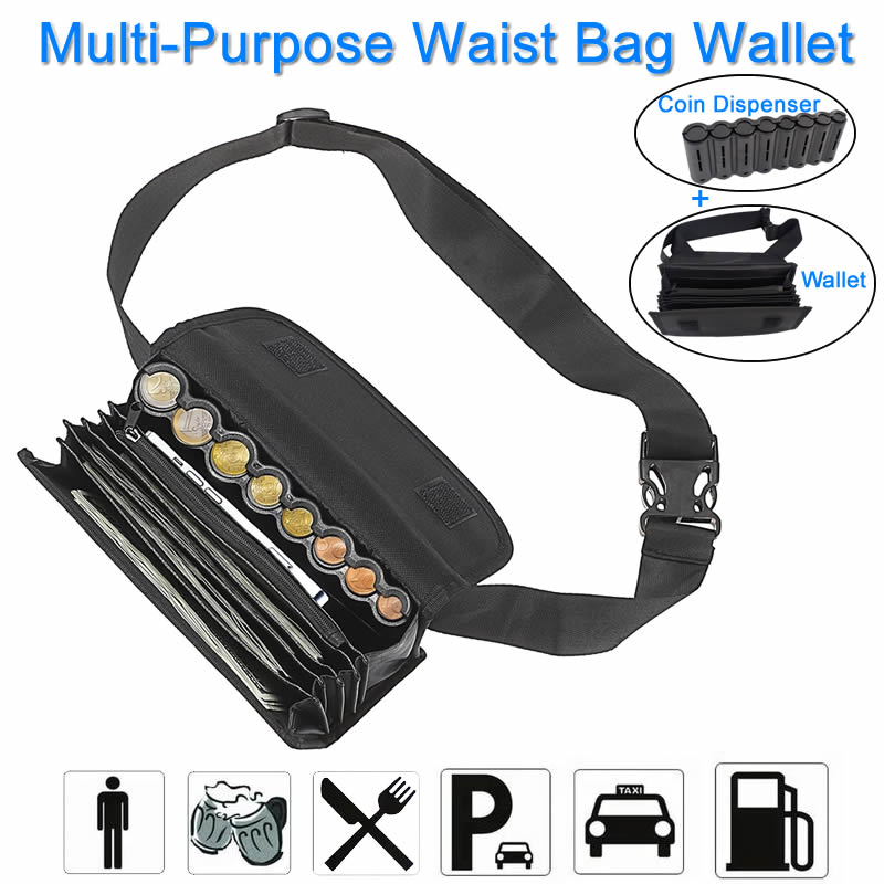 Schwarze Hüfttasche mit mehreren Taschen, Geldbörse mit Euro-Münzspender, Kellner-Geldbörse, Münz-Organizer für Kellnerin, Server, Kassierer, Wechsel