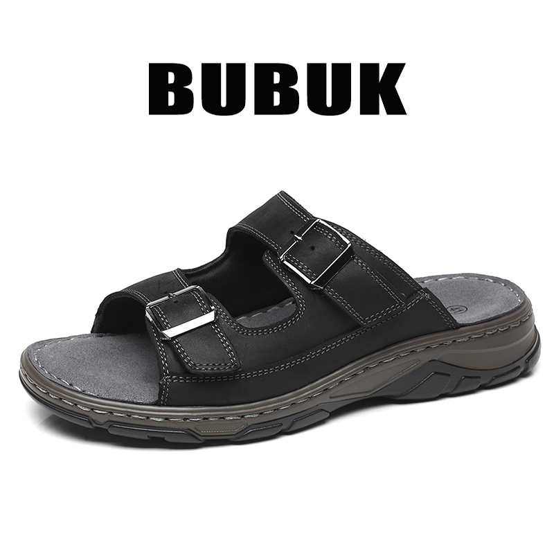 Bubuk Herensportslippers van eerste laag rundleer, instap-sandalen voor buiten en strand met ondersteuning van de voetboog, ademende zomerse buitenschoenen voor heren, geschikt voor reizen, wandelen en woon-werkverkeer