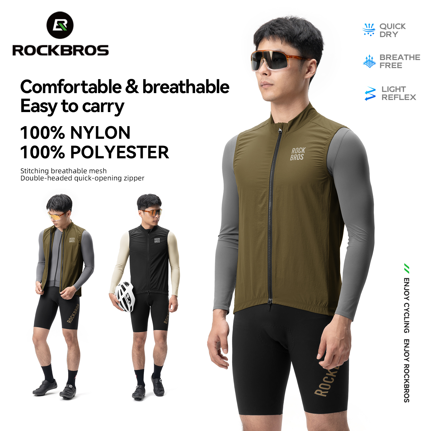 ROCKBROS Gilet de cyclisme d’été léger portable coupe-vent respirant sans manches avec zip à deux extrémités vêtement de cyclisme pour homme