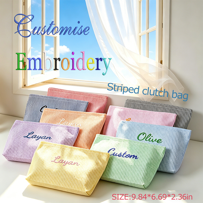 Sac de maquillage rayé en gaze bulle, personnalisable avec broderie ou style standard (2 options), pochette de rangement, saison rentrée scolaire