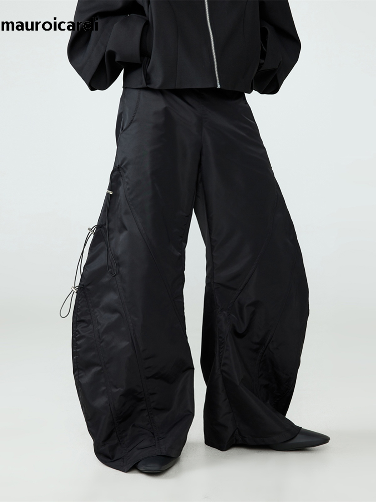 Mauroicardi primavera autunno lungo allentato Casual Baggy nero gamba larga pantaloni da uomo con elastico in vita Designer di lusso Emo abbigliamento 2024