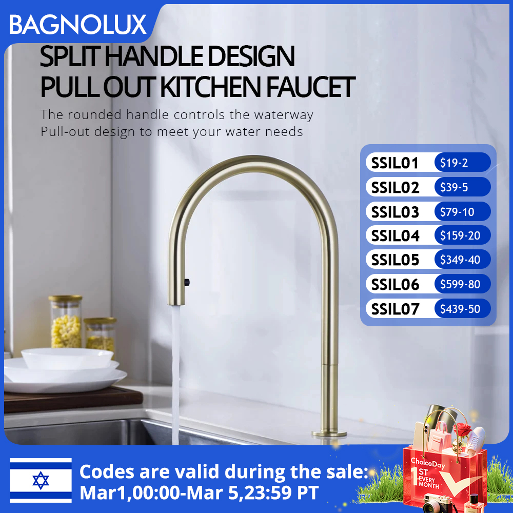 Brushed Gold Kitchen Faucet Invisible Pull Out Spray Mixer Double Hole Single Handle Solid Brass Hot and Cold Separate Sink Tap