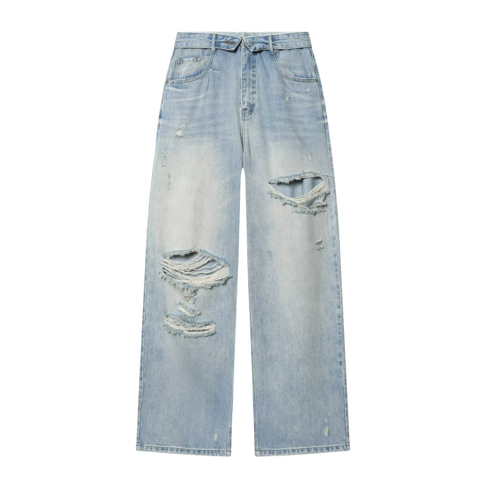Europäischer und amerikanischer Stil 2026 Frühjahr/Sommer Neue Damenbekleidung: Lässige, zerrissene und ausgestellte Jeanshose mit mittlerer Taille