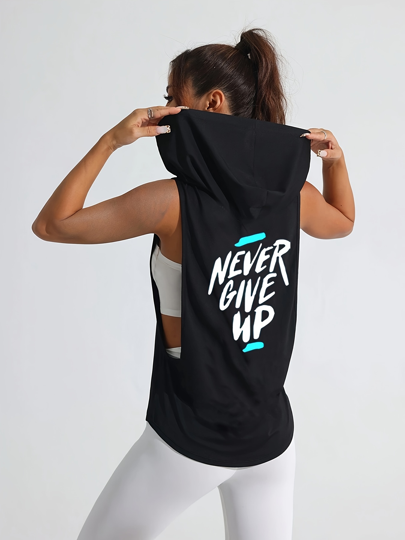 Chaleco deportivo transpirable de secado rápido para mujer: diseño con capucha y ajuste adelgazante con cuello estampado en la espalda "Never Give Up", gimnasio de verano