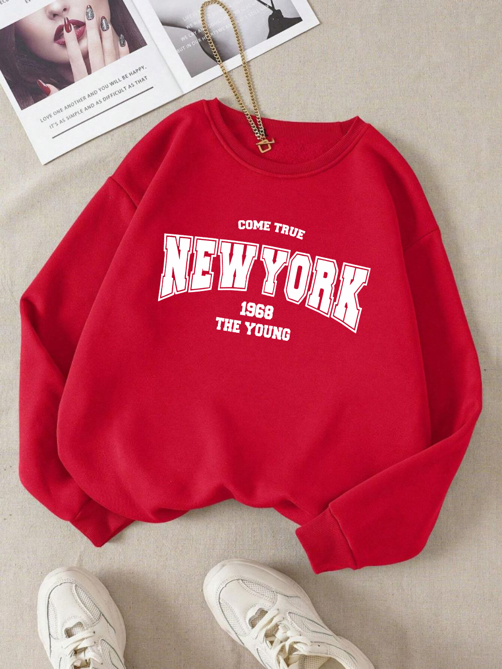 Sweat à capuche sportif imprimé lettre noire pour femme, sweat-shirt New York, pull sourire décontracté, sweat à capuche ras du cou rouge, vêtements de rue, hiver, 1968