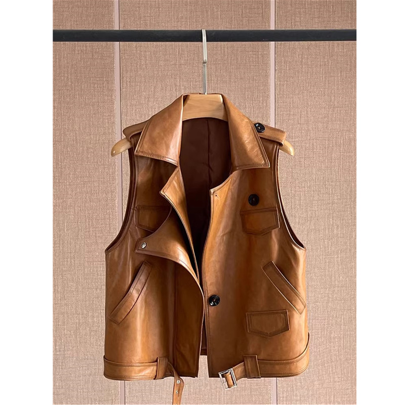 Women's Leather Vest, Sheepskin Vest, Suit Collar, Short Design, Genuine Leather Vest, Spring And Autumn