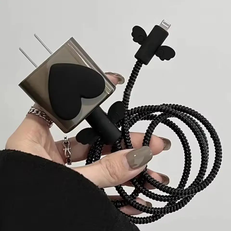 Black Love Bow 5pcs/set Charging Data Cable Protector Winder Akcesoria do iPhone'a 18/20w Ładowarka Pokrowiec ochronny