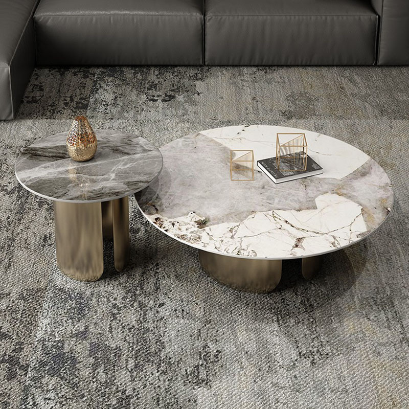 Moderne, minimalistische Couchtische, runder Beistelltisch aus weißem Metall mit Marmoreffekt, einfache Luxus-Wohnmöbel von Mesa De Centro De Sala