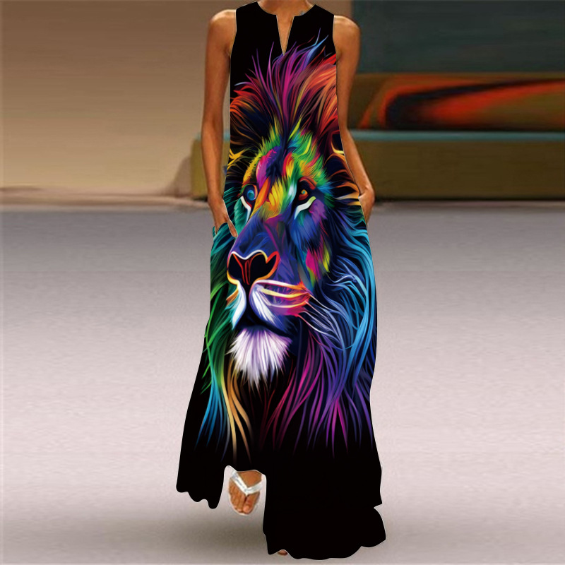Abito da festa con stampa Vintage per donna estate sciolto senza maniche elegante signora con scollo a V tasca abiti lunghi Boho Beach prendisole Vestidos