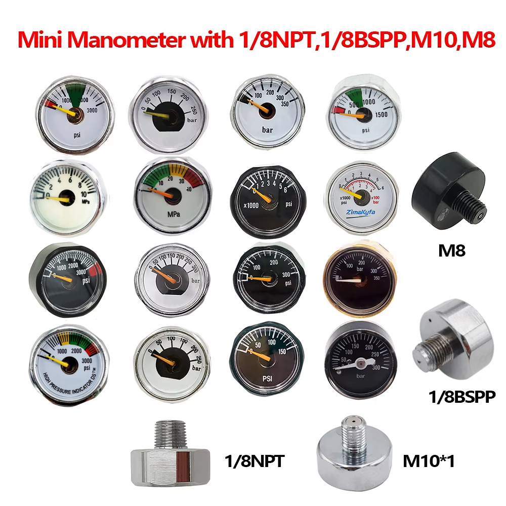 เกจวัดแรงดันลมขนาดเล็ก HPA 1/8BSPP(G1/8),1/8NPT,M10,M8,300bar 350bar พร้อมวาล์วปั๊มมือ