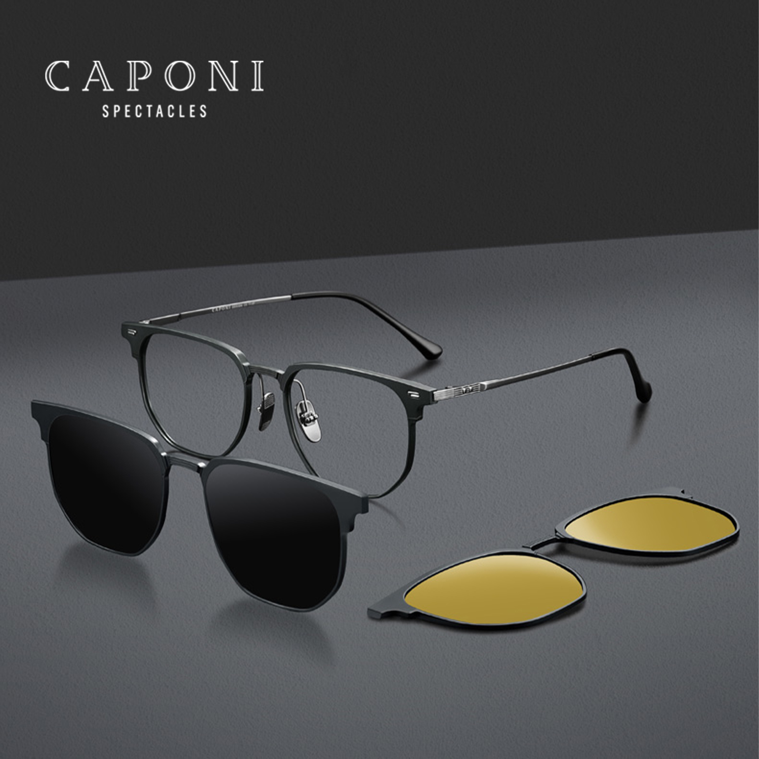 CAPONI Magnetyczne okulary męskie z polaryzacją Night Vision Clip Combine 3 w 1 Oprawka do okularów Klasyczne okulary przeciw niebieskiemu światłu J23169
