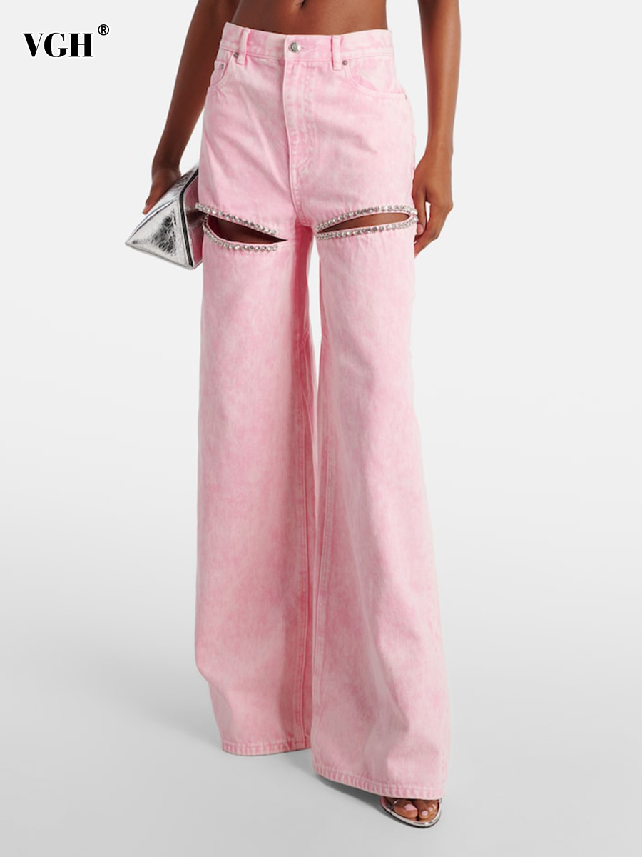 VGH High Street gesplitste diamanten denim broek voor dames hoge taille uitgehold patchwork zak wijde pijpen broek vrouwelijke stijl