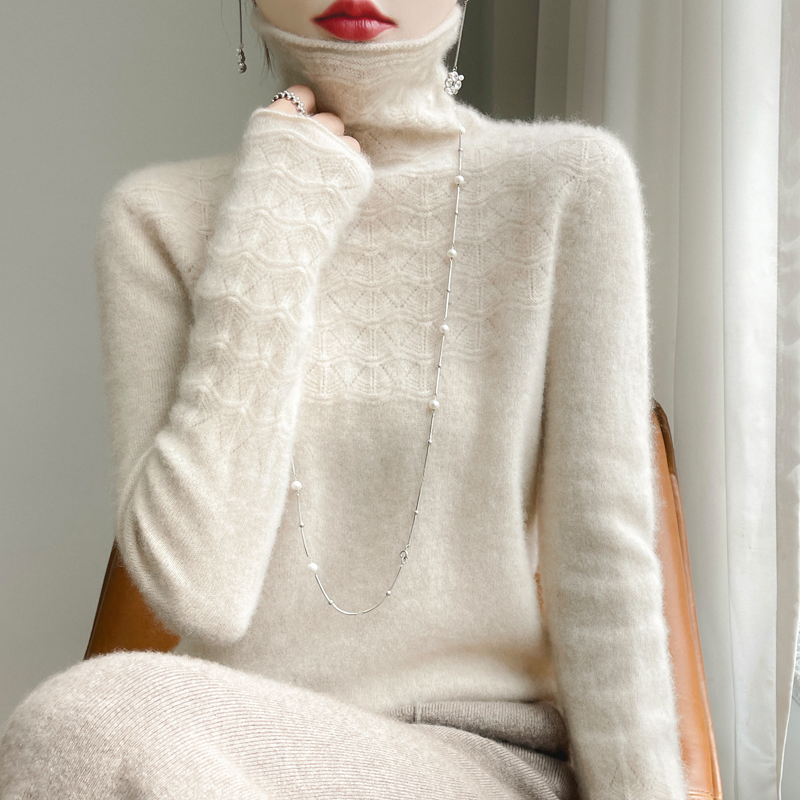 Jersey de Cachemira a la moda para mujer, jersey de lana merina de 100%, suéter de punto calado sin costuras de manga larga liso con cuello alto para invierno