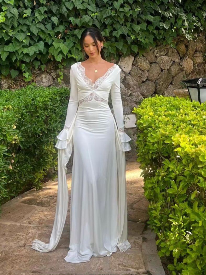 Elegantes weißes Spitzenkleid mit Rüschen, luxuriös, für Damen, sexy, lange Aufflackernärmel, Bandage, rückenfrei, Party-Abendkleider, Frühling und Winter 2026