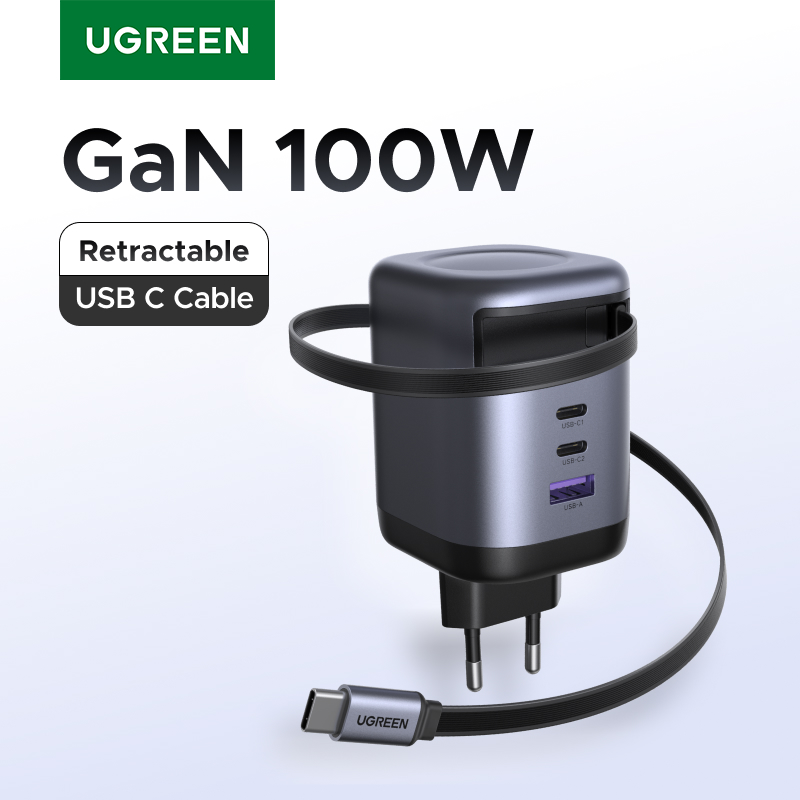 UGREEN 100 Вт зарядное устройство GaN с выдвижным кабелем USB C UFCS PPS PD Быстрое зарядное устройство для ноутбука Macbook Pro iPad Tablet iPhone Samsung