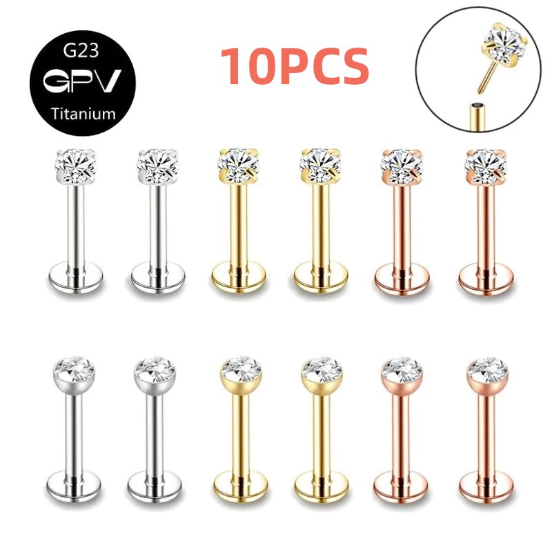 10 pièces G23 titane 20g 18g 16g 14g sans fil punaise Labret lèvre Piercing F136 oreille Cartilage Helix Tragus Stud corps Piercing