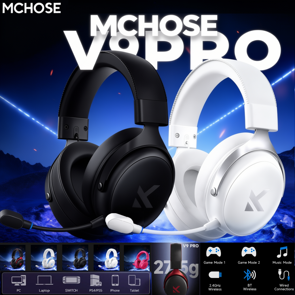 Игровая гарнитура MCHOSE V9 Pro, беспроводная, 7.1-канальный объемный звук, три режима, низкая задержка, микрофон с шумоподавлением для PS5, ПК, SWITCH