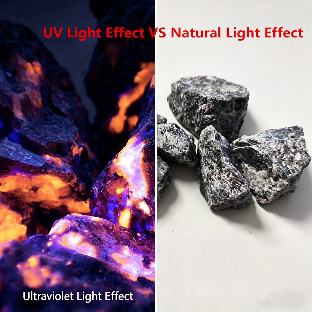 Naturalny kamień płomienisty Yooperlites Syenit Kamień dekoracyjny Fluorescencyjny sodalit Mineralny szorstki kryształ Długofalowe próbki kolekcji UV