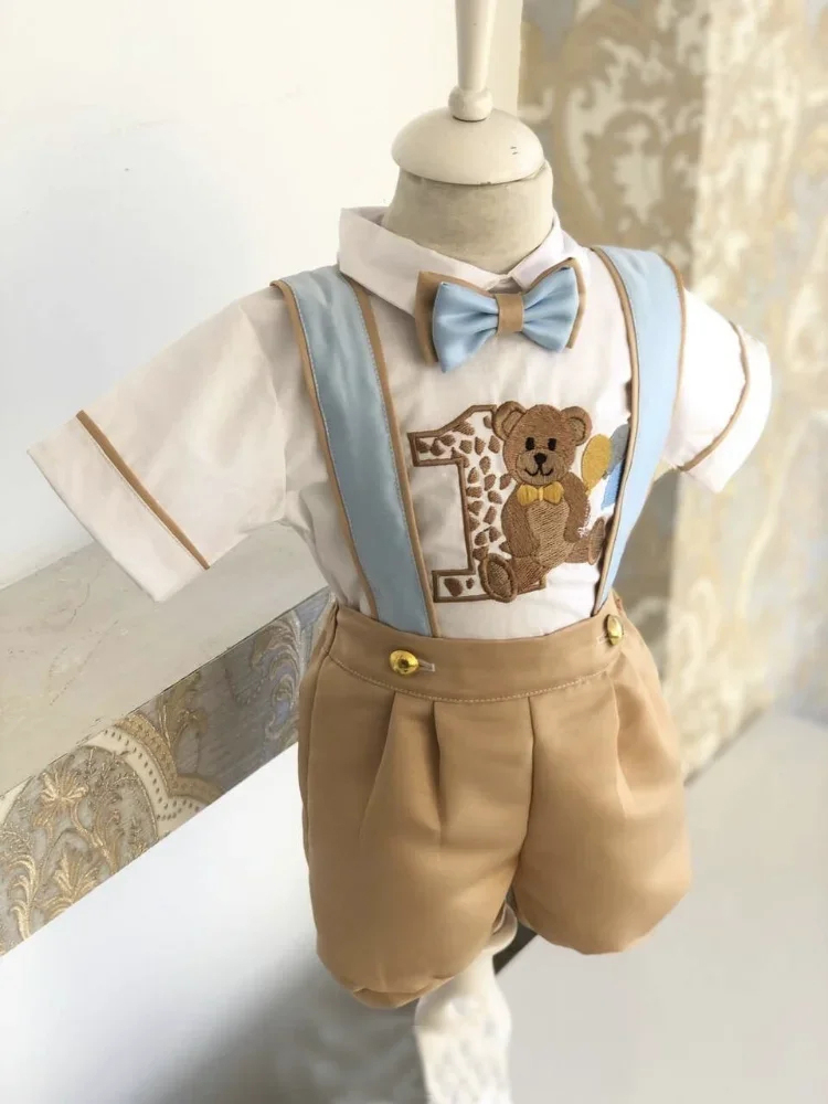 Bébé garçon printemps été ours broderie Vintage kaki ensemble pour Eid casual anniversaire photographie B117