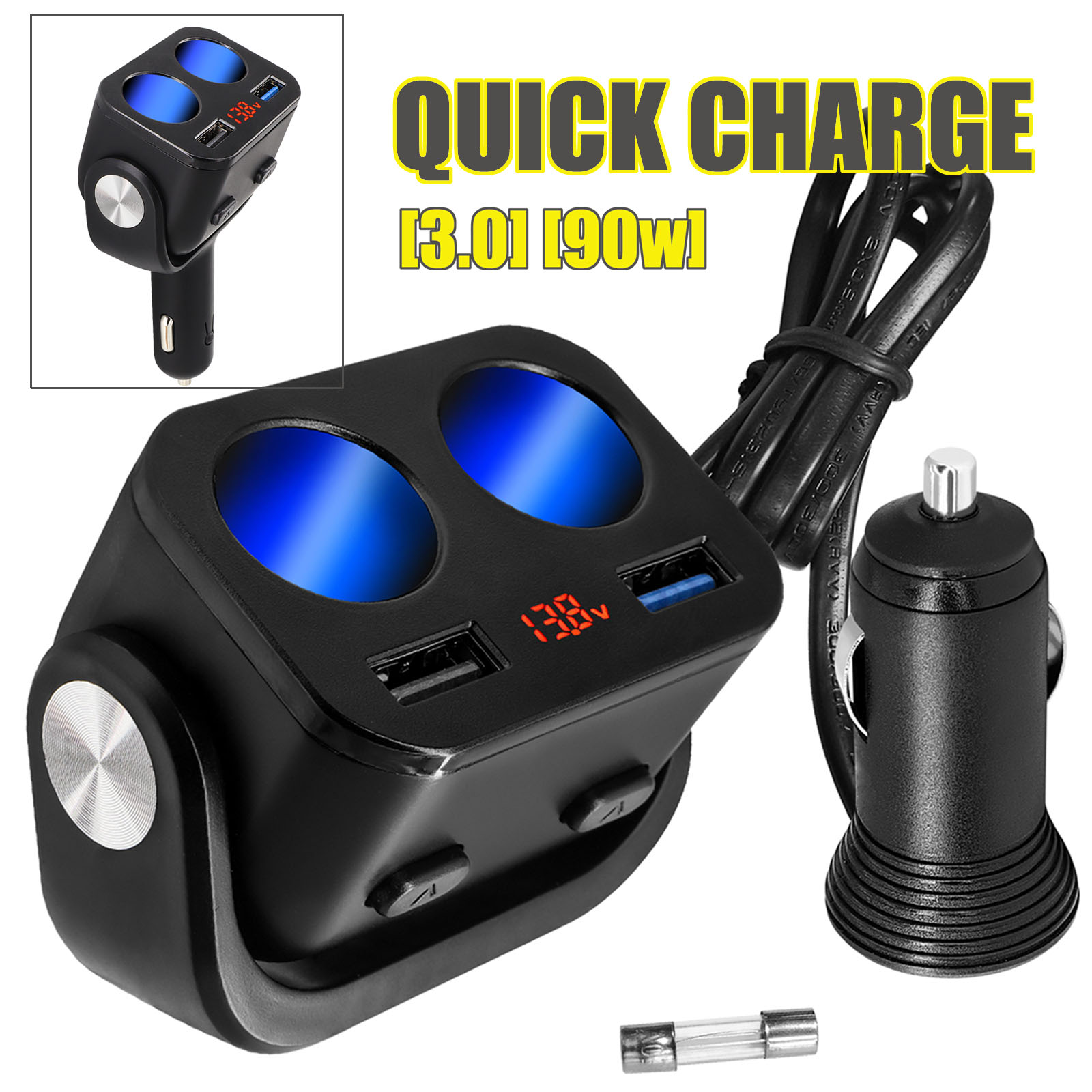 Isqueiro do carro tomada cabo de extensão usb qc3.0 carga rápida adaptador de alimentação plug telefone ipad carregador divisor tomada