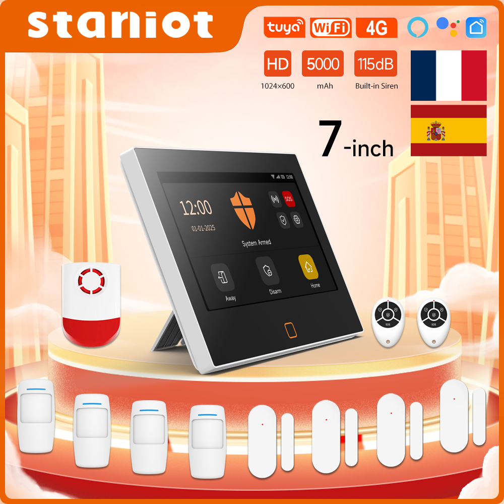 Staniot 7 inch alarmsysteem Draadloos WiFi 4G Tuya Smart Security Protection Kit Ingebouwde 115dB luider sirene 5000mAh batterij
