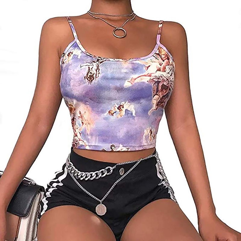 Camisola Sexy ajustada con estampado de Ángel para mujer, ropa de calle sexi, Top corto recortado con sujetador en el ombligo