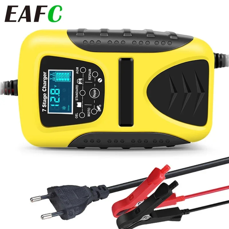 Chargeur de batterie automatique intelligent 12V 7a, chargeur de batterie de voiture en 7 étapes pour voiture et moto, chargeur de réparation d'impulsions, affichage LCD