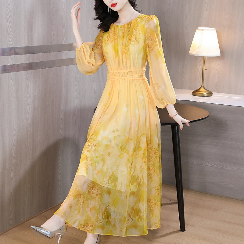 Dress Maxi mewah wanita, gaun malam Bodycon lengan panjang motif bunga sutra 2024 untuk pesta musim semi musim panas gaya Korea