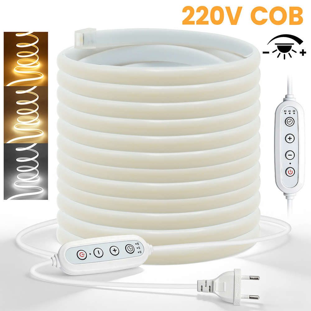 Kit Saklar/Dimmer Lampu Strip LED COB 220V yang Dapat Diredupkan, 288LED Tahan Air 3000K 4000K 6000K Penerangan Ruangan Lampu Neon Fleksibel